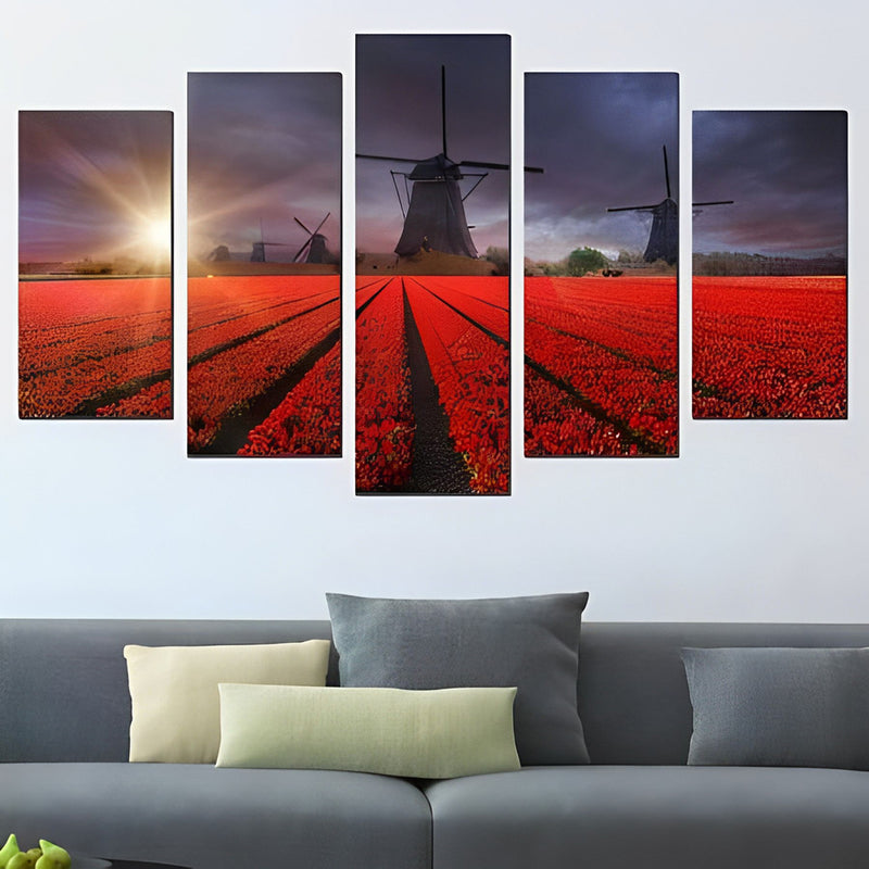 Rote Blumen und Windräder Diamond Painting 5 teilig