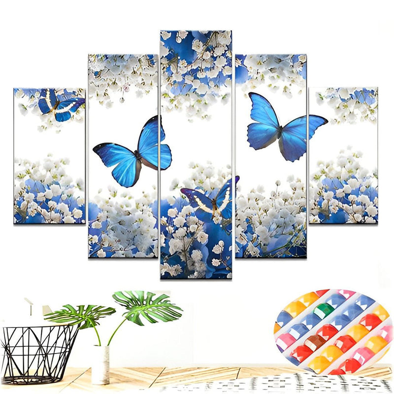 Blaue Schmetterlinge und weiße Blumen Diamond Painting 5 teilig