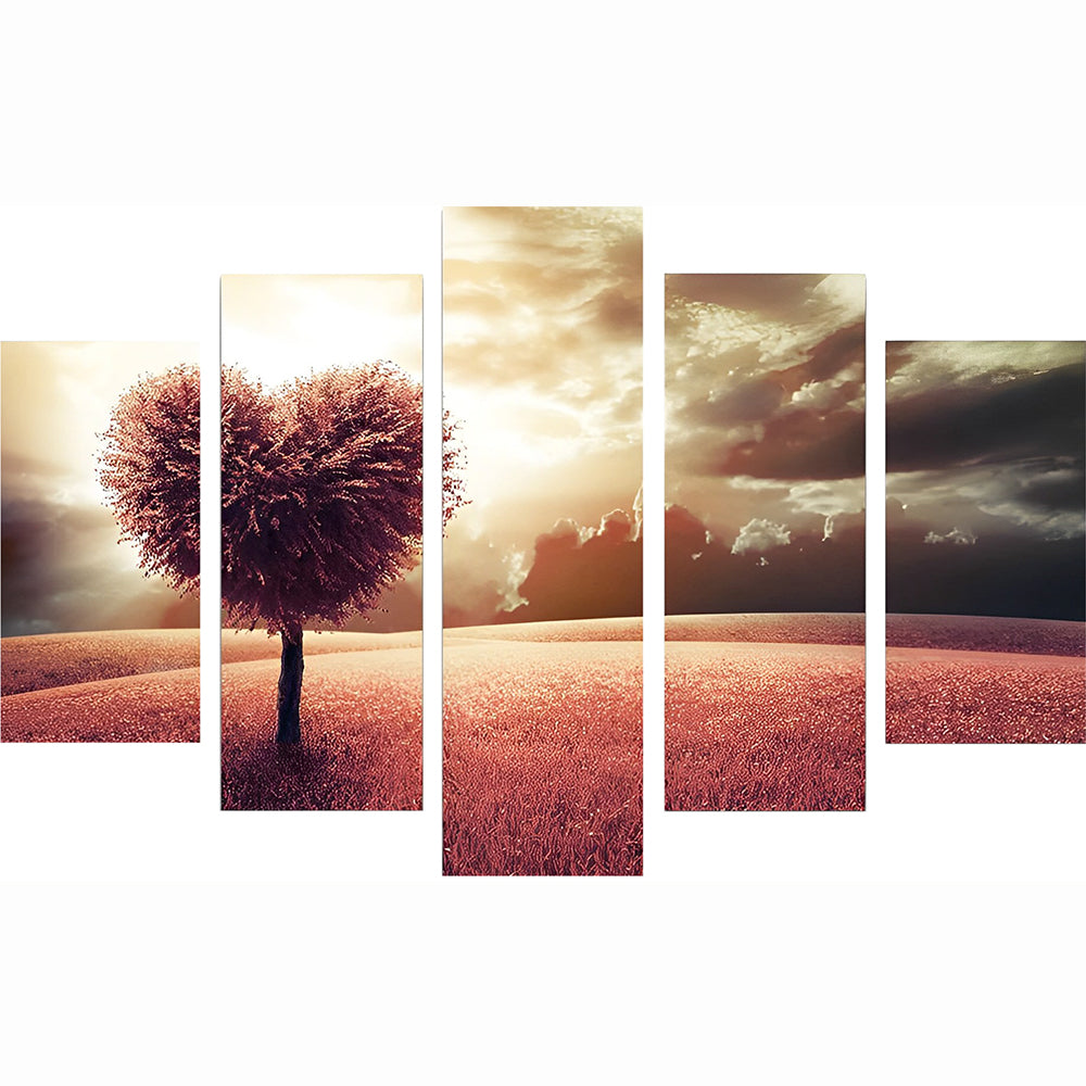 5 teilig Roter herzförmiger Baum und Blumenfeld Diamond Painting