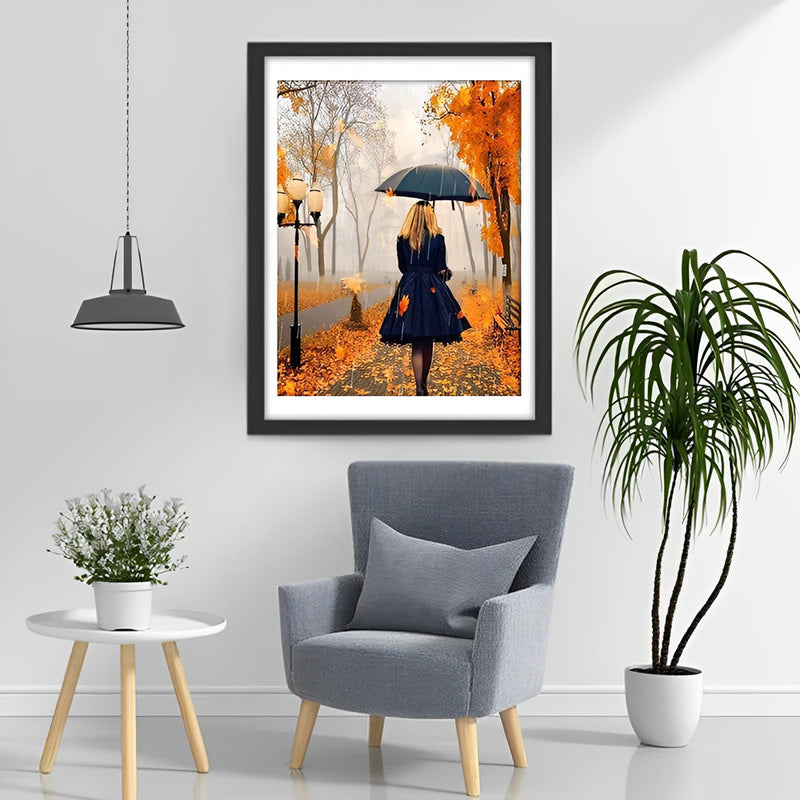 Frau mit Regenschirm im Herbst Diamond Painting