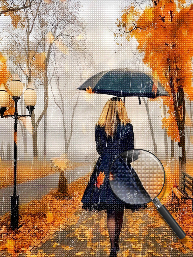 Frau mit Regenschirm im Herbst Diamond Painting