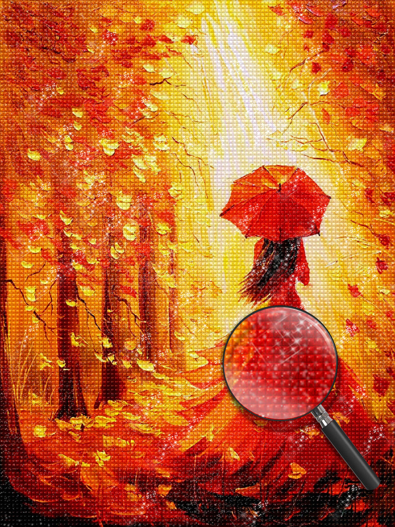 Frau mit einem roten Regenschirm im Herbstwald Diamond Painting