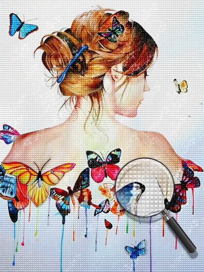 Schöne Frau und bunte Schmetterlinge Diamond Painting