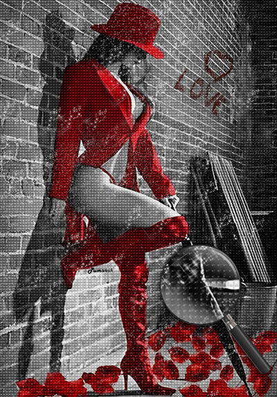 Sexy Frau in Rot an der Wand Diamond Painting