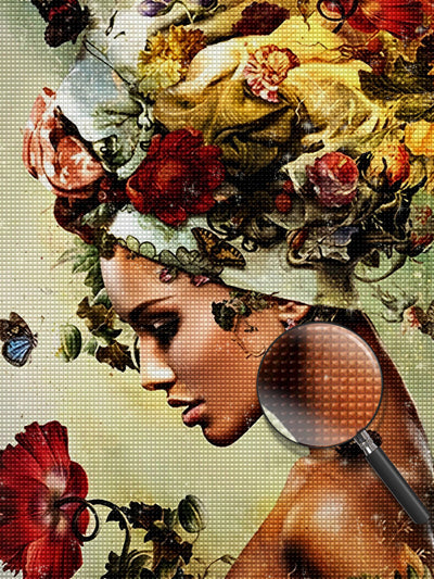 Frau im Hut voller Rosen Diamond Painting