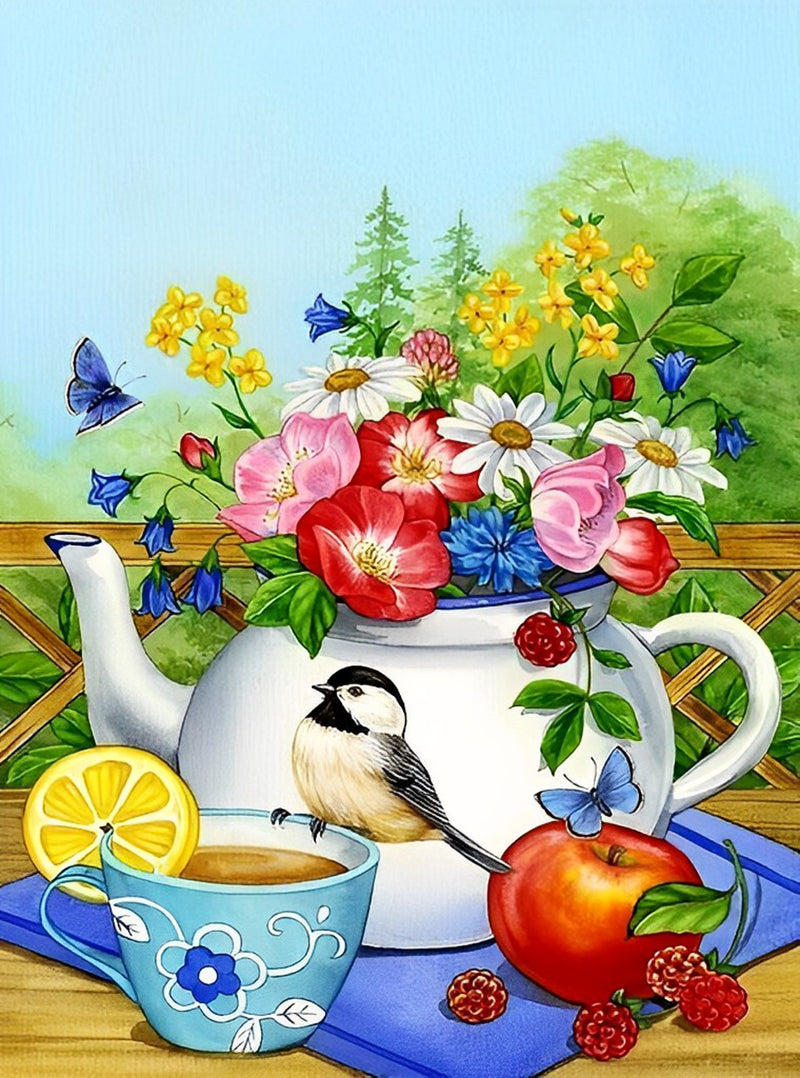 Blumen Kaffee Vogel Diamond Painting