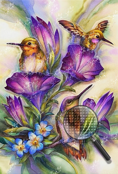 Vögel und lila Blumen Diamond Painting