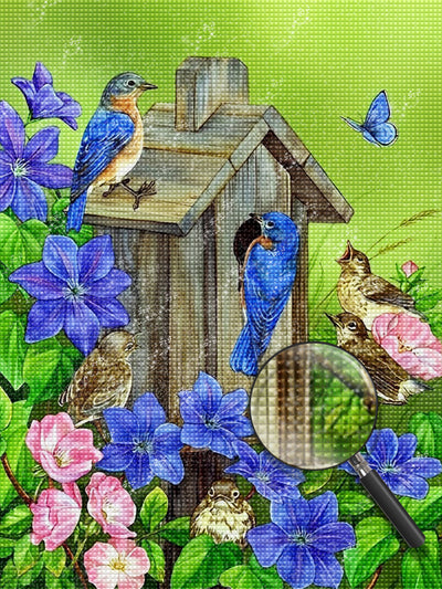 Vogelhaus und Blumen Diamond Painting