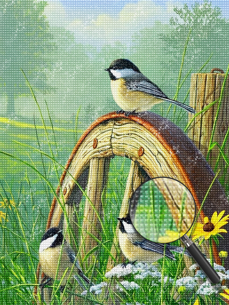 Spatzen auf dem Holzpfahl Diamond Painting