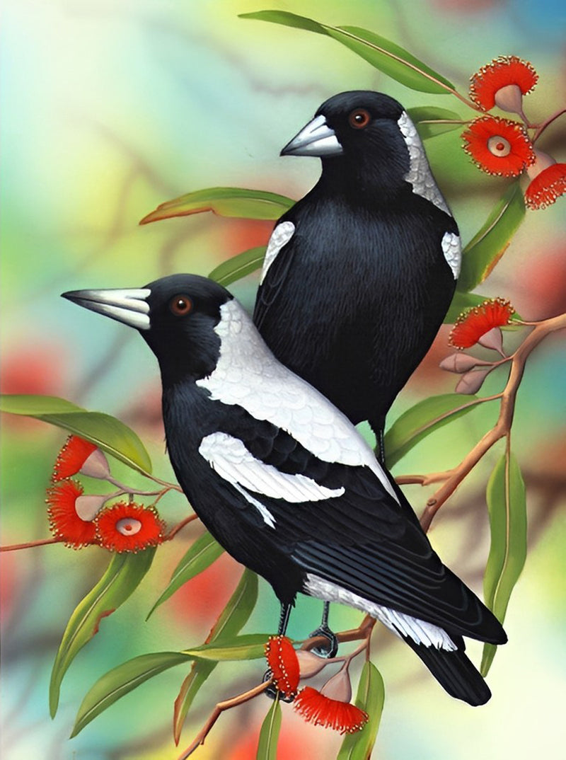 Schwarze Vögel und rote Blumen Diamond Painting