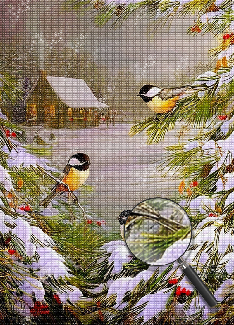 Vögel und Hütte im Schnee Diamond Painting