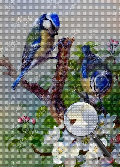 Blaue Meisen und weiße Blumen Diamond Painting