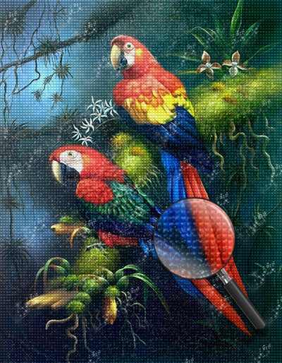 Papageien auf einem Baumstamm Diamond Painting