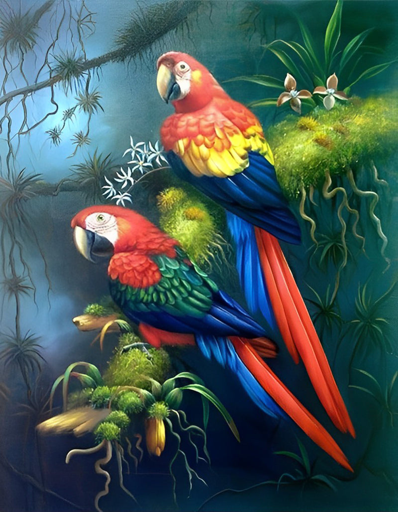 Papageien auf einem Baumstamm Diamond Painting