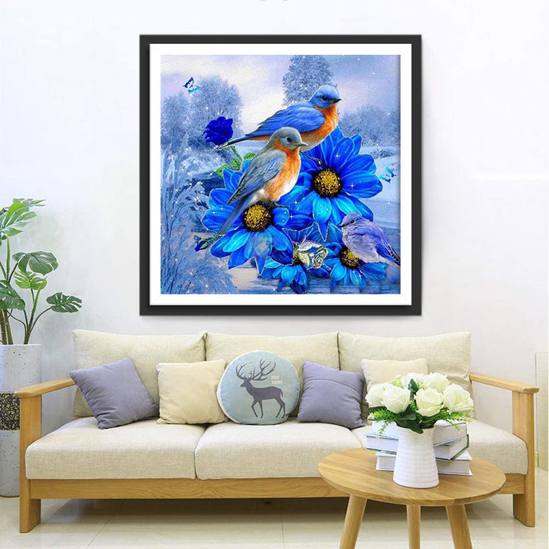 Blaue Vögel auf blauen Gänseblümchen Diamond Painting