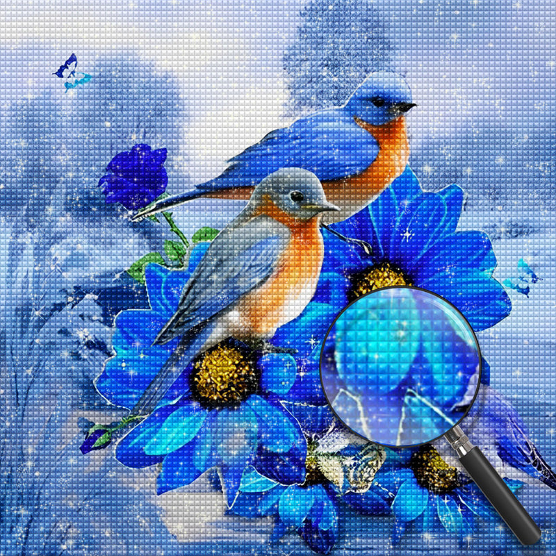 Blaue Vögel auf blauen Gänseblümchen Diamond Painting