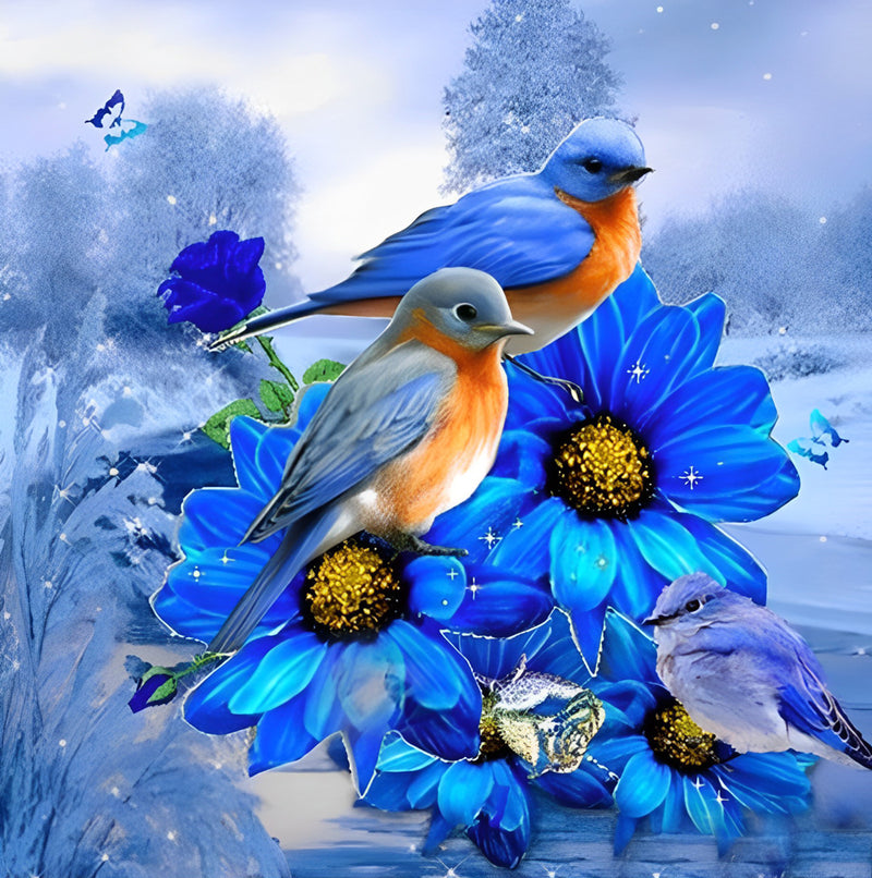 Blaue Vögel auf blauen Gänseblümchen Diamond Painting