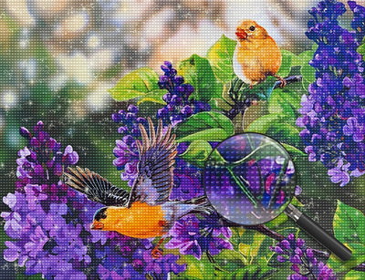 Gelbe Vögel und Flieder Diamond Painting