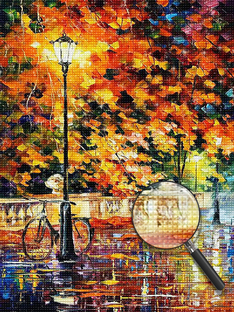 Straßenlampe Fahrrad Ahornblätter Diamond Painting