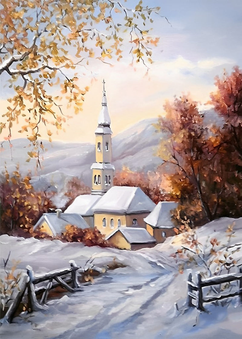 Kirche in den Bergen im Winter Diamond Painting