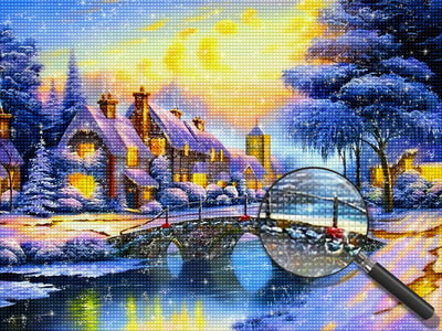 Steinbrücke und Hütte im Winter Diamond Painting