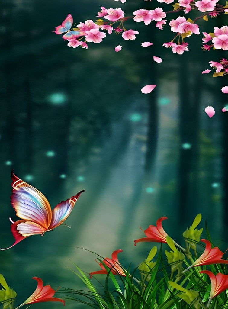 Schmetterling und Blumen im Wald Diamond Painting