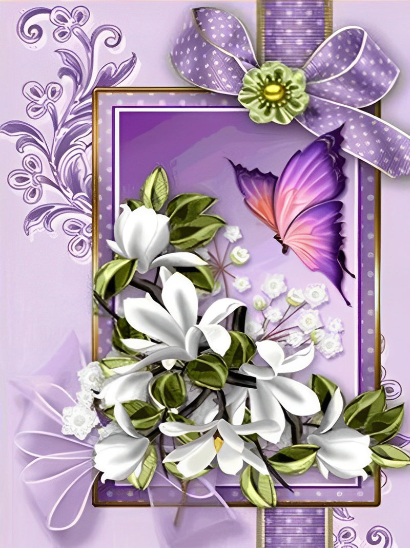 Weiße Blumen und lila Schmetterling Diamond Painting