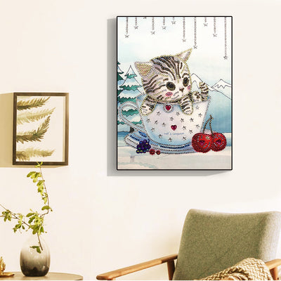 Katze in der Teetasse und Kirschen, Speziell geformte Diamanten Diamond Painting