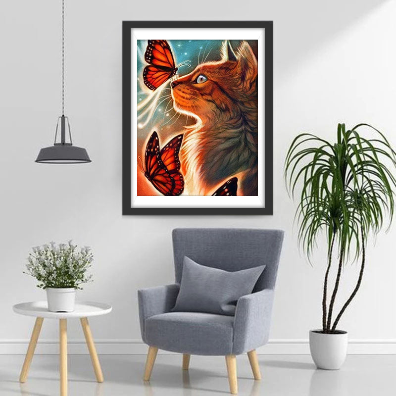 Orange Katze und Schmetterlinge Diamond Painting