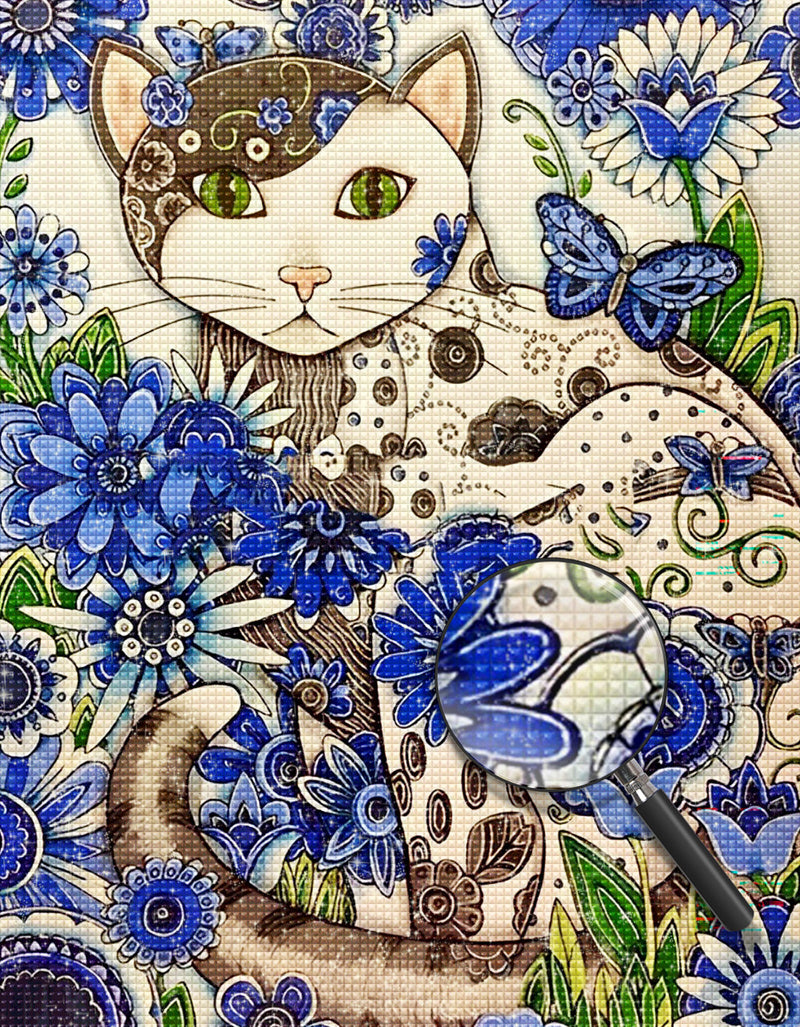 Katze und blaue Blumen Diamond Painting