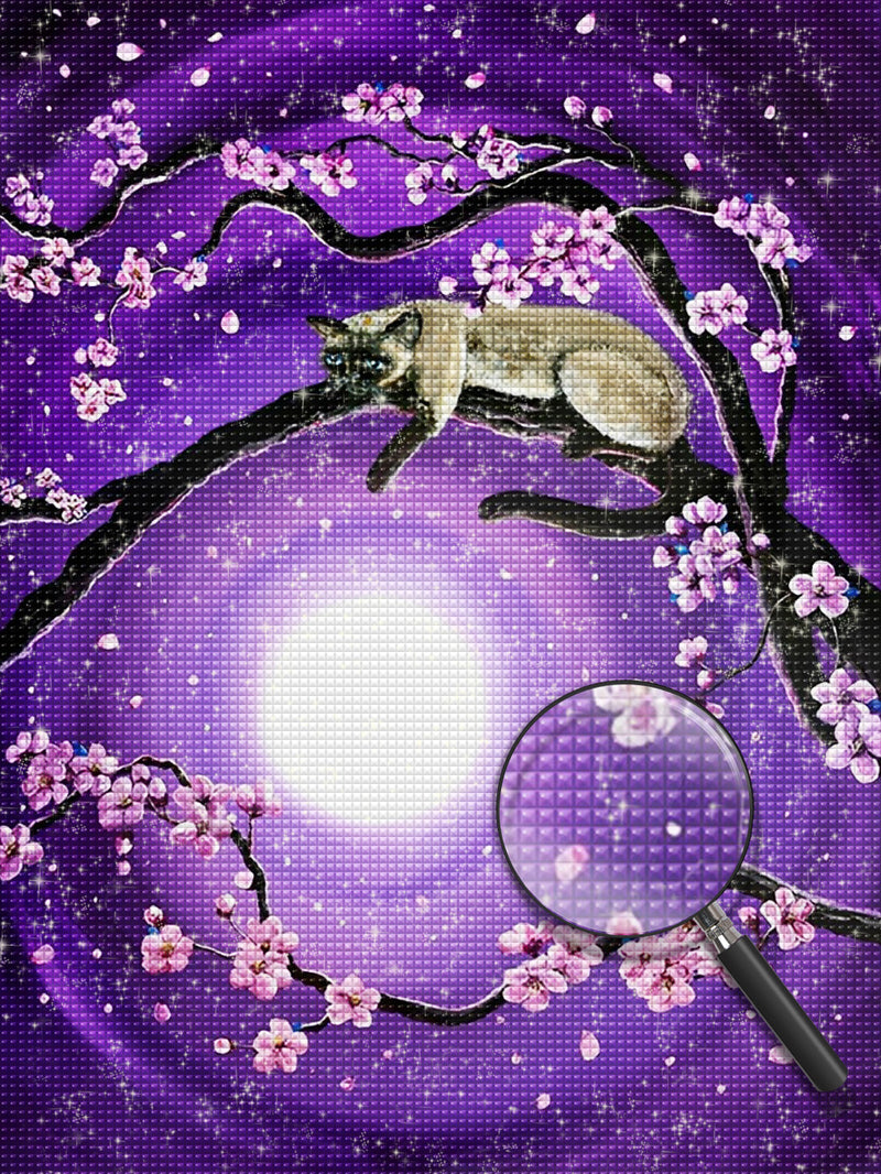 Katze auf dem Baum und Vollmond Diamond Painting