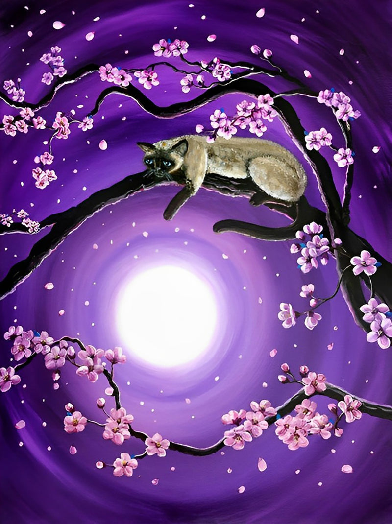 Katze auf dem Baum und Vollmond Diamond Painting