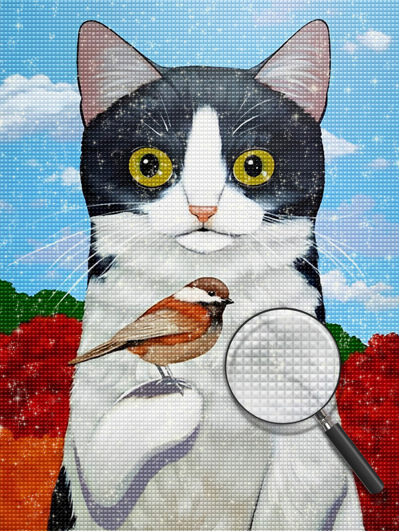 Schwarzweiße Katze und Vogel Diamond Painting