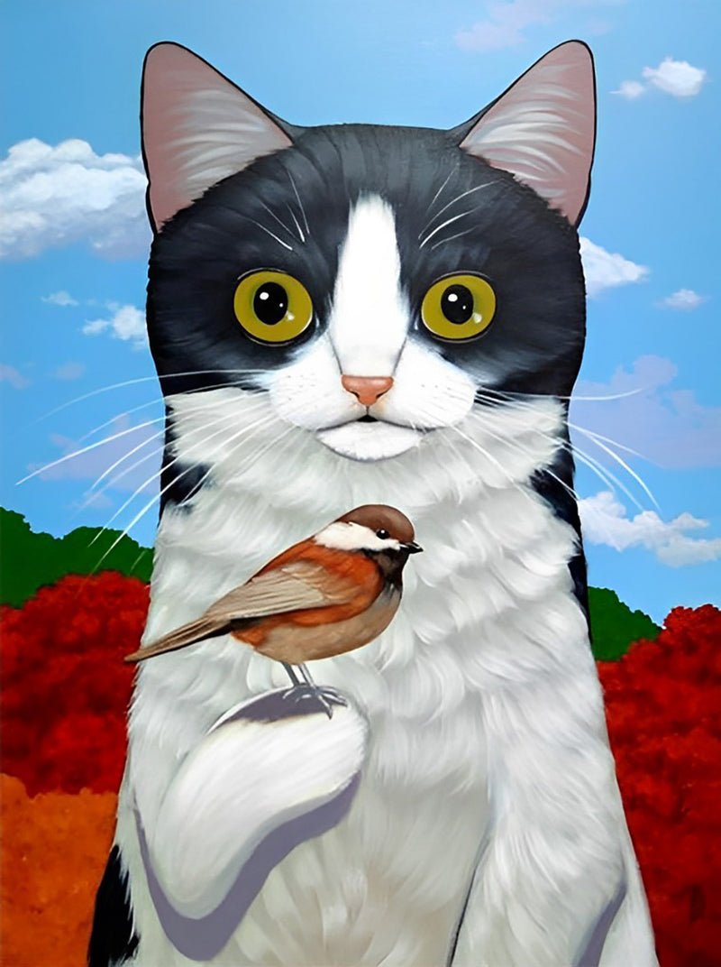 Schwarzweiße Katze und Vogel Diamond Painting