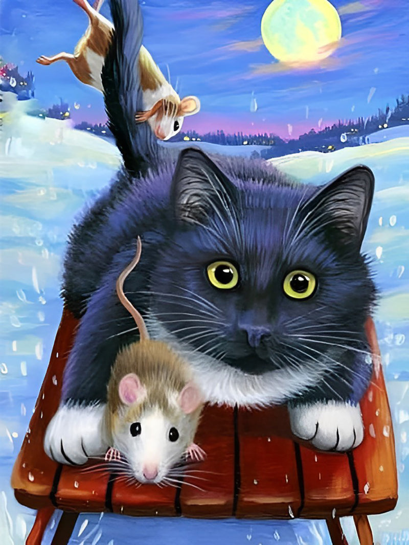 Katze und Mäuse beim Schlittschuhlaufen Diamond Painting