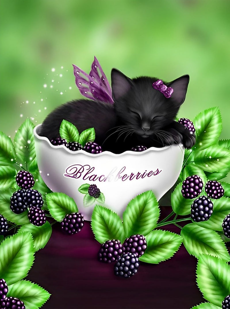 Schwarze Katze in der Tasse und Maulbeeren Diamond Painting