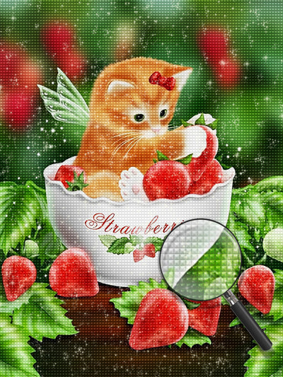 Katze und Erdbeeren in der Tasse Diamond Painting