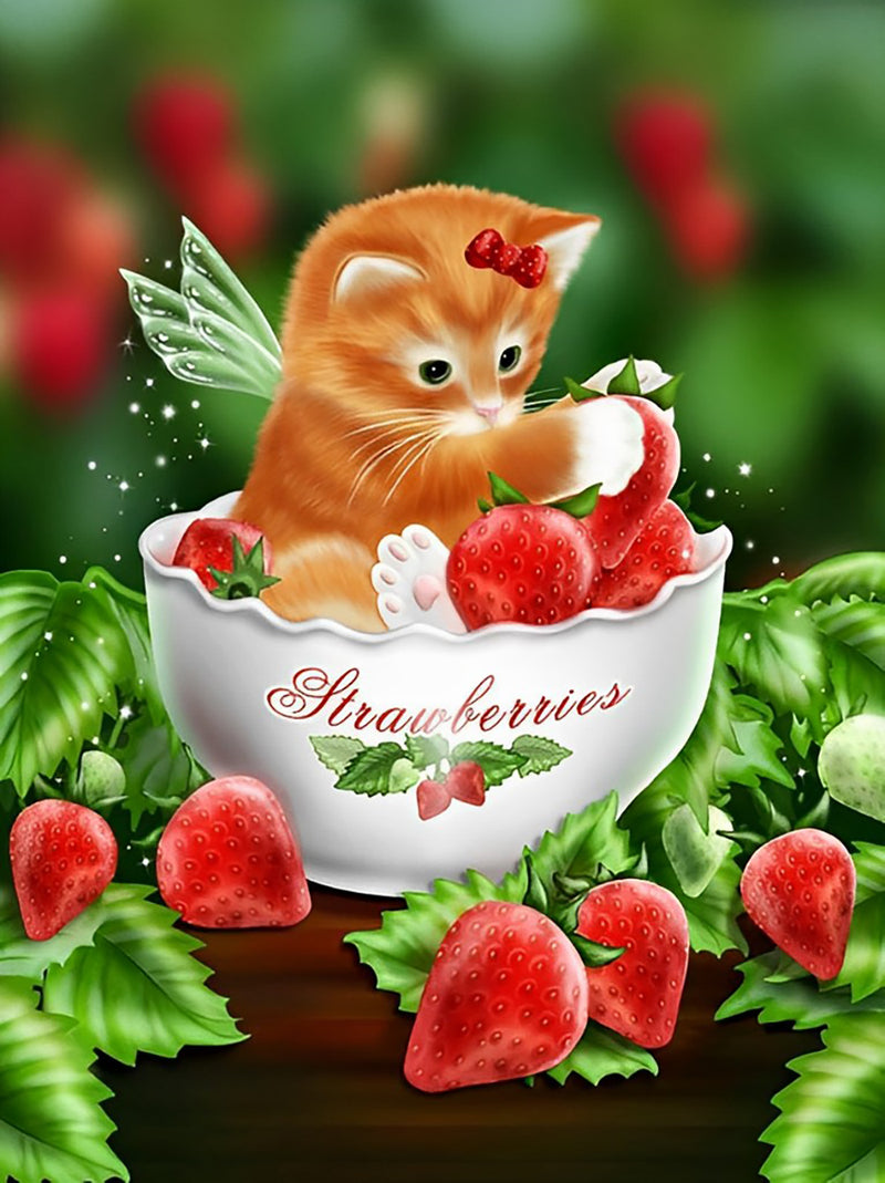 Katze und Erdbeeren in der Tasse Diamond Painting