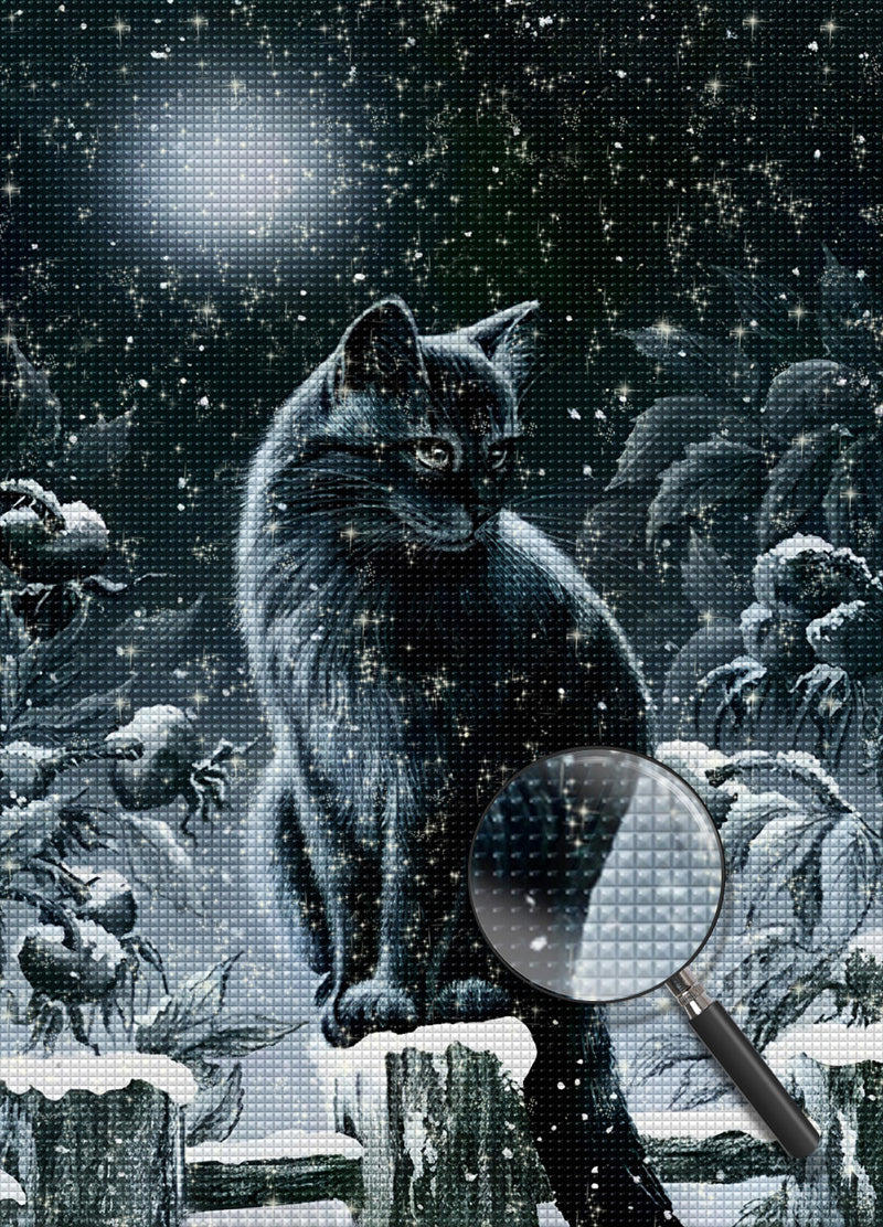 Schwarze Katze in der Schneenacht Diamond Painting