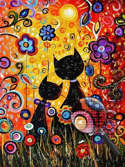 Schwarze Katzen und Blumen Diamond Painting