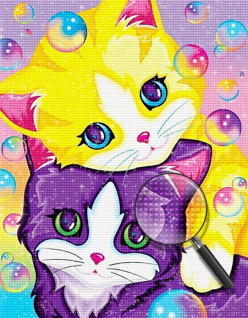 Lila Katze, gelbe Katze und Seifenblasen Diamond Painting