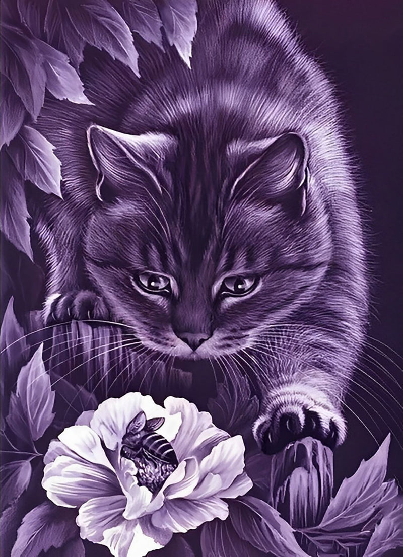 Schwarze Katze und Blumen Diamond Painting