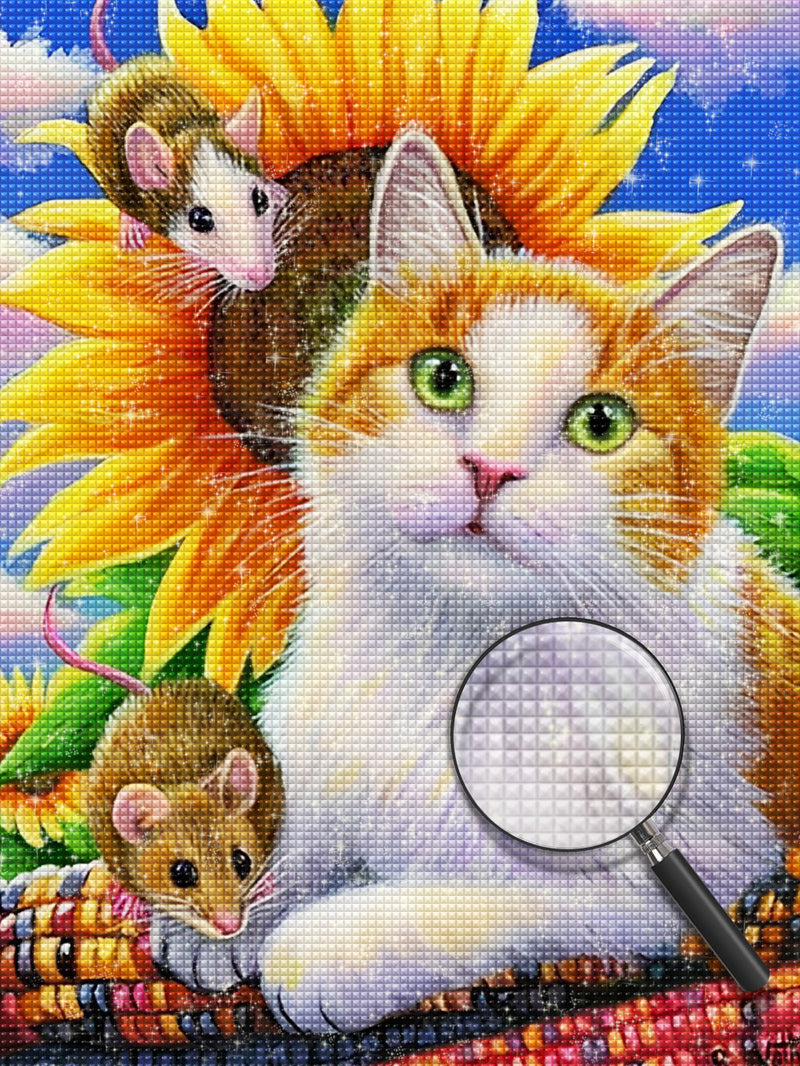 Katze, Mäuse und Sonnenblumen Diamond Painting