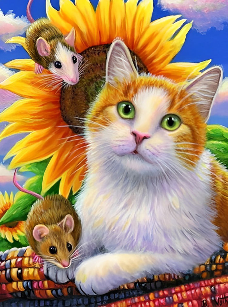 Katze, Mäuse und Sonnenblumen Diamond Painting