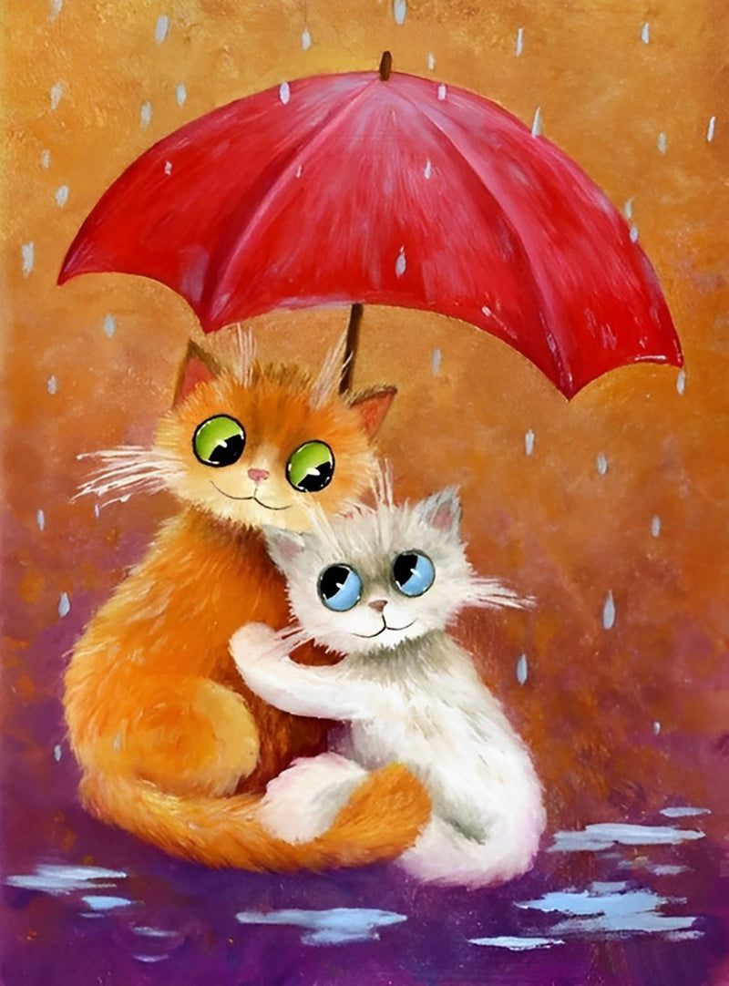 Katzen unter einem roten Regenschirm Diamond Painting