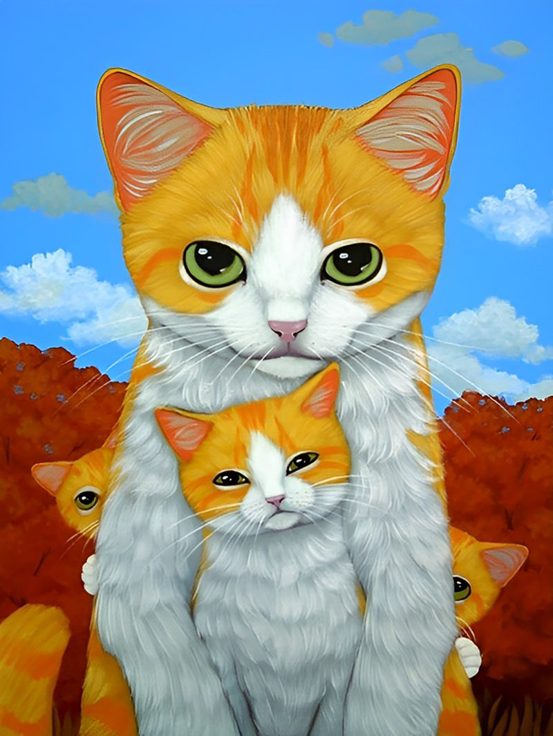 Mutter Katze und drei kleine Katzen Diamond Painting