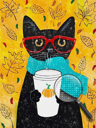 Schwarze Katze mit Getränke Diamond Painting