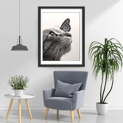 Schwarzweiße Katze und Schmetterling Diamond Painting