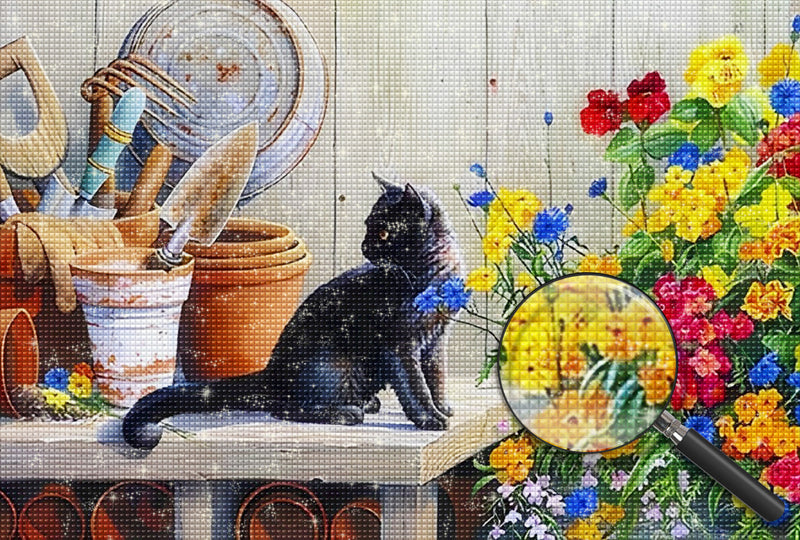 Schwarze Katze und Gartengeräte Diamond Painting