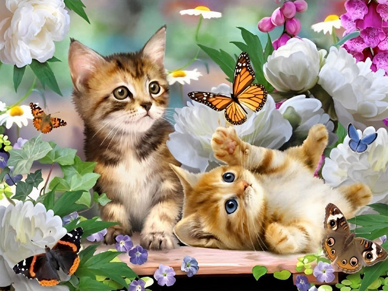 Katzen, Schmetterlinge und Blumen Diamond Painting